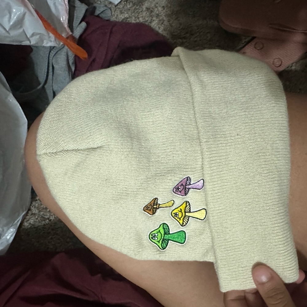 Cream Beanie with Colorful Mushroom Embroidery